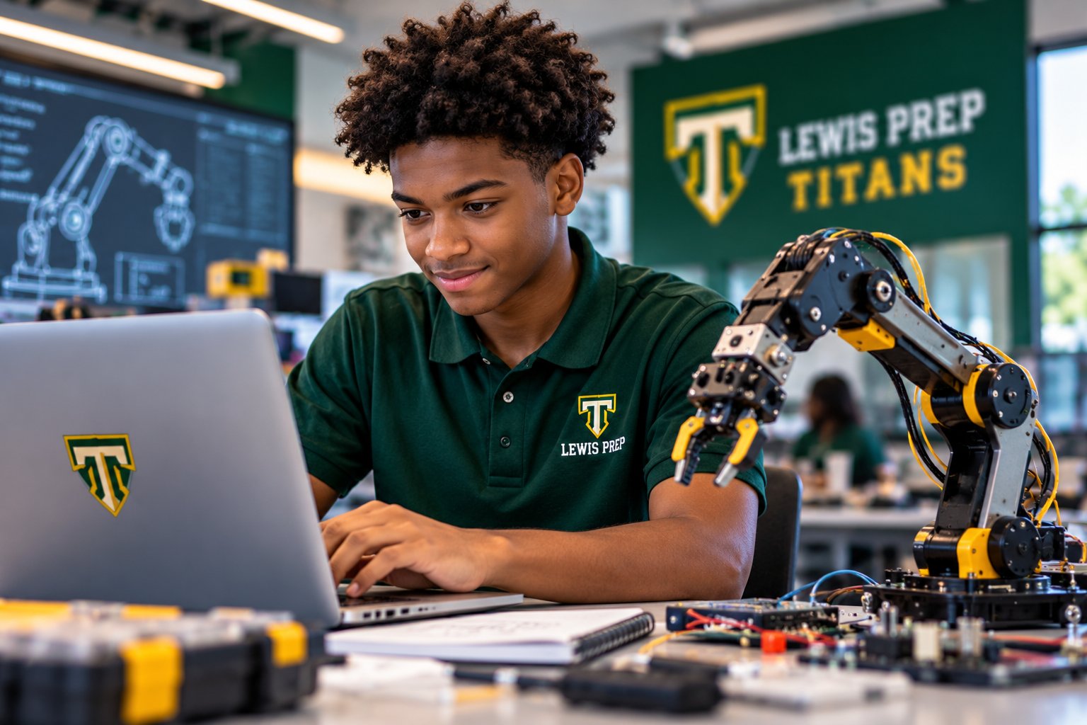 A Lewis Prep student codes on a laptop beside a robotic arm in the technology lab.
