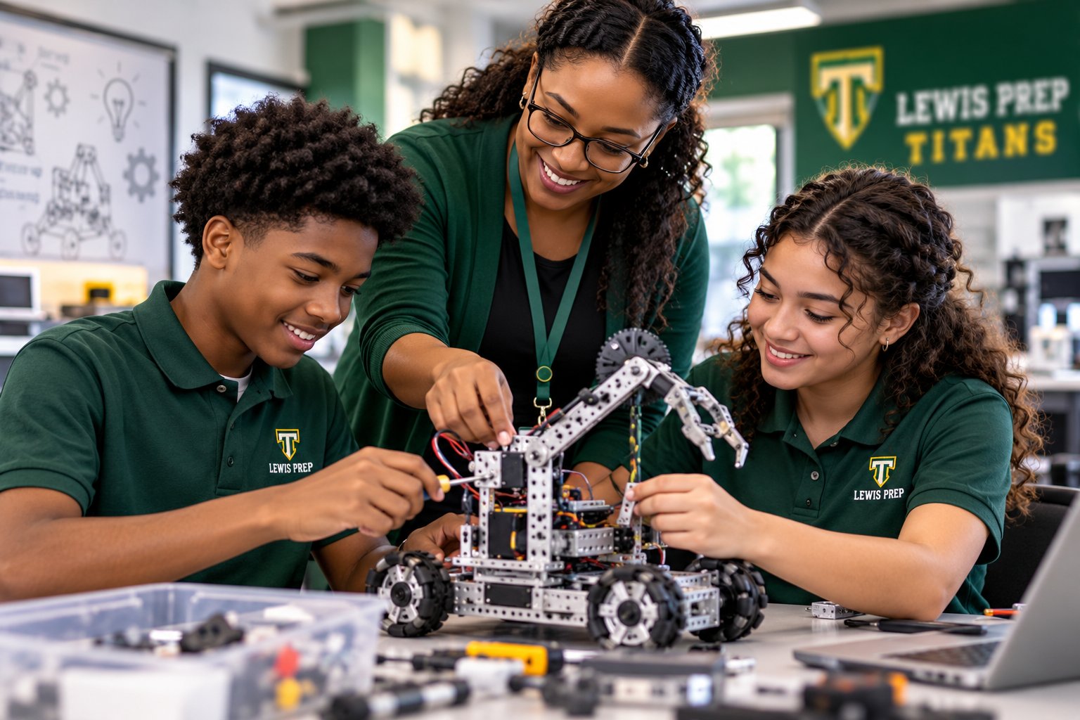 Two Lewis Prep students build a robot with their teacher in the technology lab.