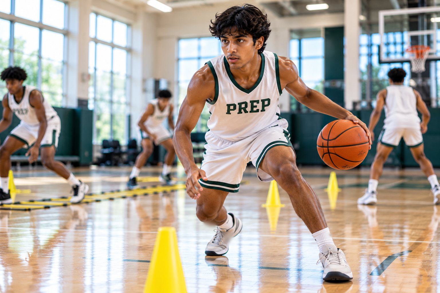 A Lewis Prep athlete runs a dribbling drill in the gym.