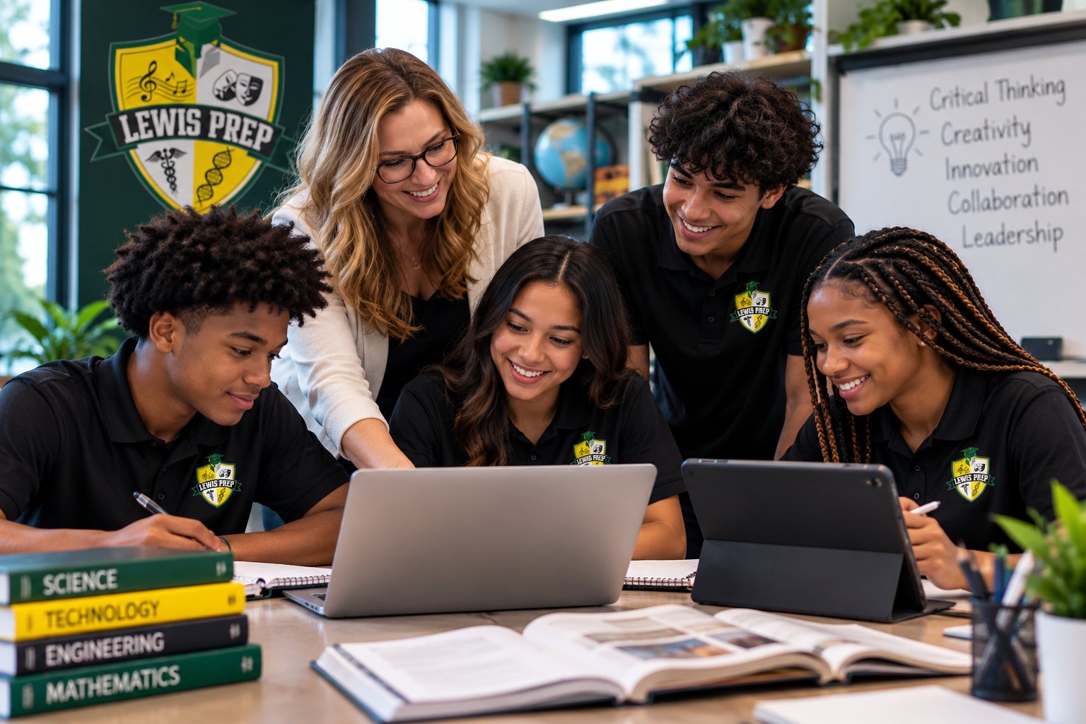 A Lewis Prep teacher works with students on laptops.