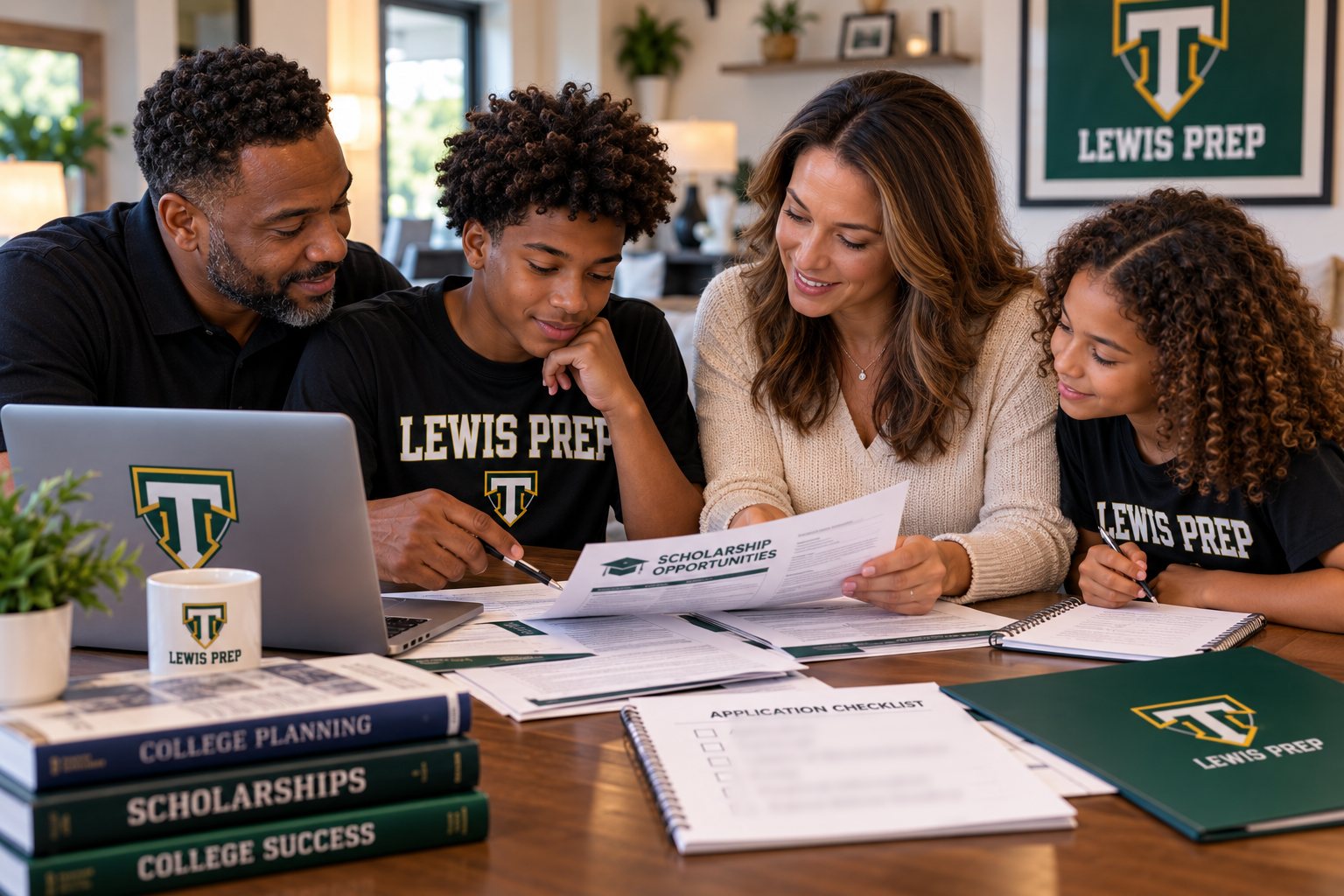 A Lewis Prep family reviews scholarship paperwork together at the kitchen table.