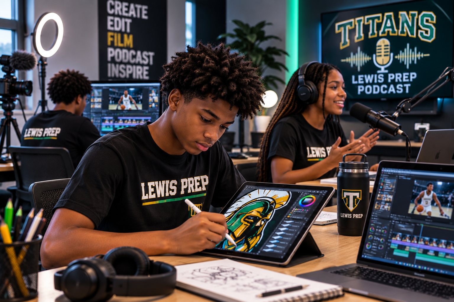 Lewis Prep students create digital art, edit video and record a podcast.