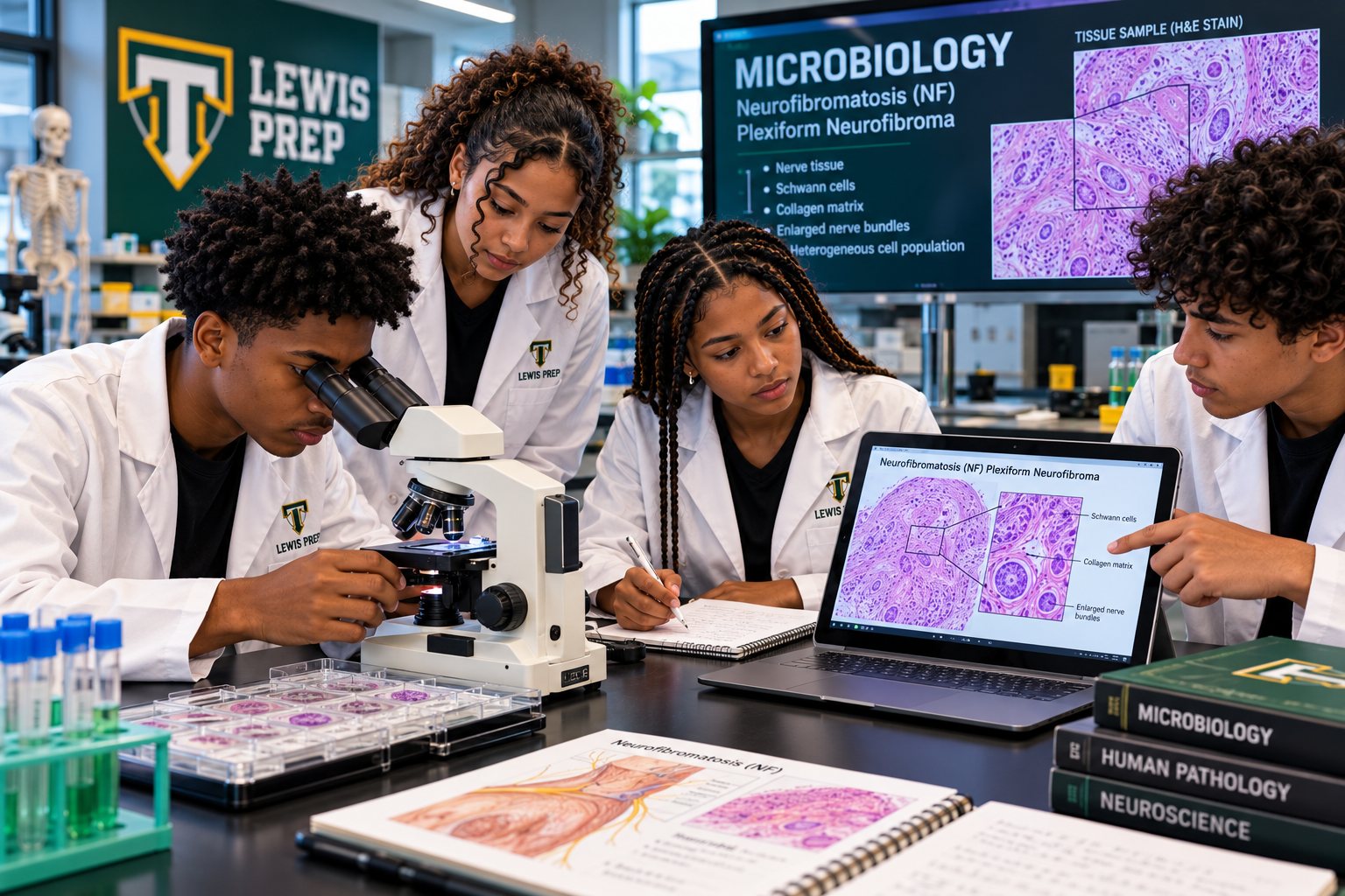 Lewis Prep students study tissue samples under a microscope.