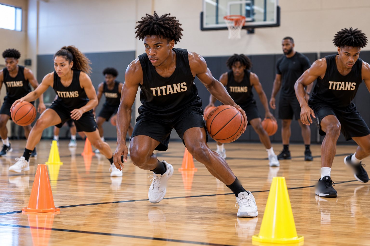 Lewis Prep Titans run a cone dribbling drill in the gym.