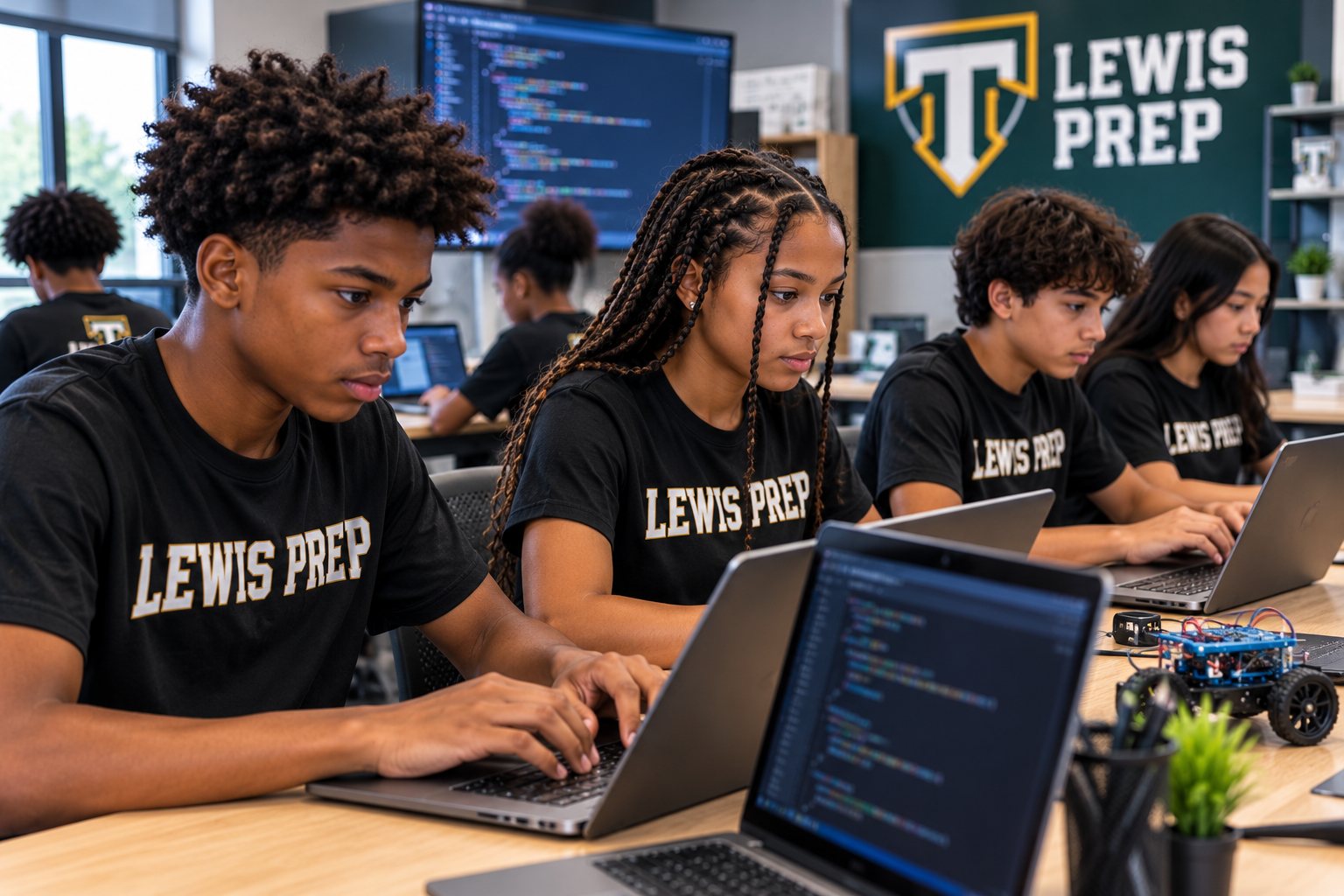 Lewis Prep students write code on laptops in the technology lab.